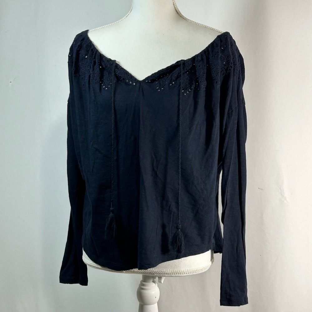 LOFT Ann Taylor Navy Blue Eyelet Tassel V‎ Neck Long Sleeve Top Women's Medium